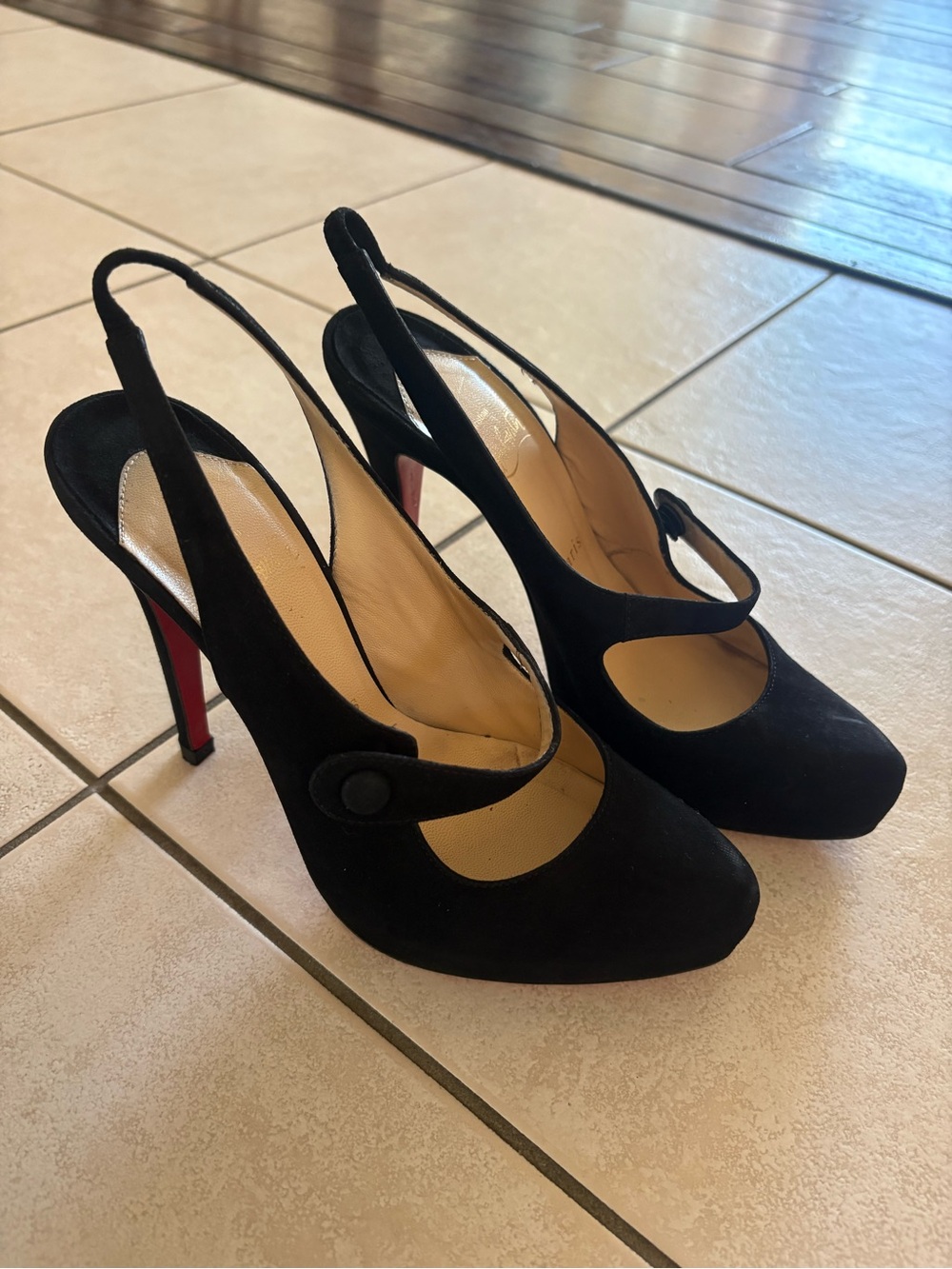 Louboutin Suede Black Slingback Mary Jane High Heels